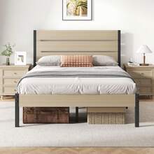 Full Bed Frame With Headboard And Footboard, With Under Bed Storage, All-Metal Support System, No Box Spring Needed, Easy Assembly, Beige - Màu be - Xem 1