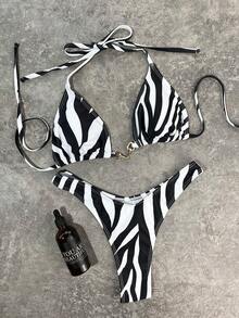 Women's Stylish And Elegant Zebra Print Swimsuit Set For Summer, Perfect For Spring And Summer Beach Getaways, Seaside Activities And Holiday Outfits. - Black and White - View 3