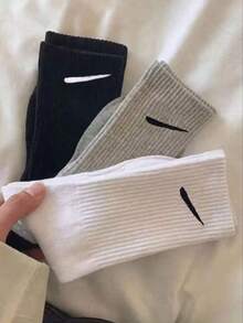 3双经典黑色、白色、灰色中筒袜，男女通用运动休闲复古风袜子，适合所有季节 - 彩色 - 查看 1