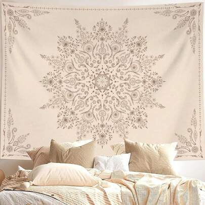 1 Stück Wandteppich im Boho-Stil, mit beigem Blumenmuster und Mandala-Blumendesign, perfekt für Boho-Stil Schlafzimmer Dekoration, vintage Wandbehang, geeignet für Wohnzimmer, Schlafzimmer, Studentenwohnheim und andere Wohnräume.