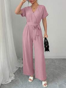Women's Jumpsuit Casual Short Sleeve Wrap V Neck Belted Wide Leg Pants - Hồng - Xem 4