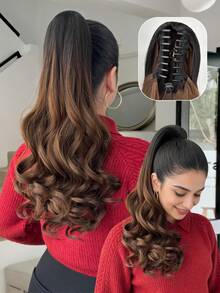 20 Inch Long Wavy Heat Resistant Synthetic Ombre Black To Brown Claw Clip Ponytail Hair Extension, Suitable For Women Party And Daily Use - Ombre - View 2