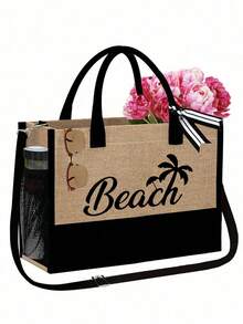 Beach Themed Tote Bag Set With "Beach" Lettering And Palm Tree Graphics. This Fashionable Foldable Beach Bag Is Perfect For Swimming And Beach Trips. It Can Also Be Used As A Women's Shoulder Bag, Grocery Shopping Bag, Or Multipurpose Storage Bag. Chic Commuter Handbag - Multicolor - View 14