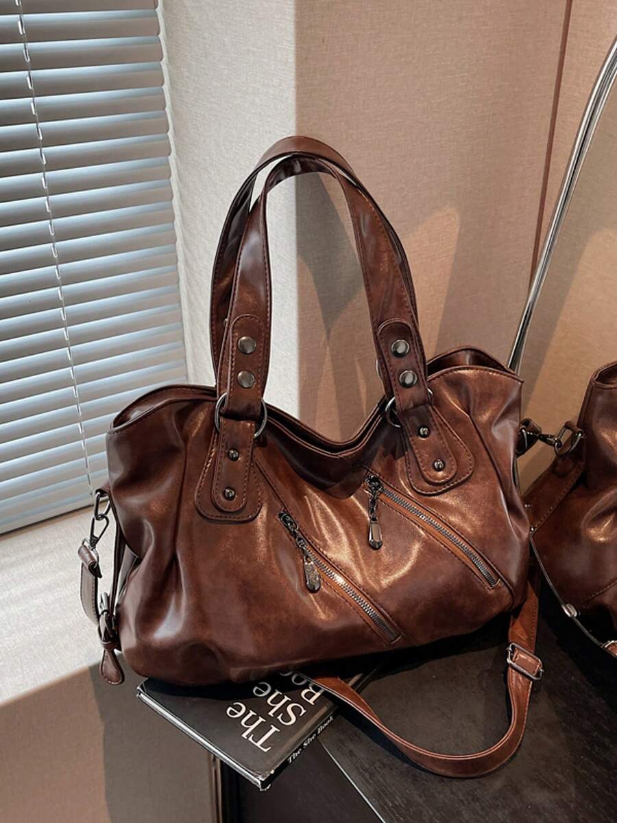 1 chiếc túi tote nữ kiểu vintage, túi xách tay tối giản dung tích lớn, túi đeo vai thời trang dành cho sinh viên/công sở.
