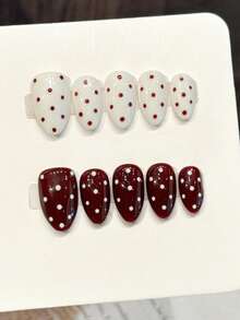10片装短款杏仁形假指甲，红白波点设计，手工制作，女士日常佩戴美甲用品 - 彩色 - 查看 4