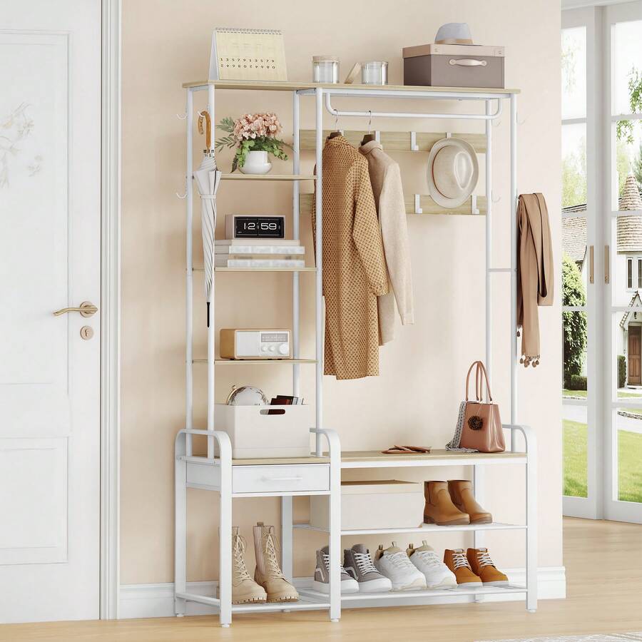 Hzuaneri Coat Rack With Shoe Bench, Wardrobe With Shoe Bench, 1 Drawer, Clothes Rack With 17 Hooks, 1 Hanging Rail, 4-Tier Side Frame, 120 X 40 X 182 Cm - White Oak Color - View 1