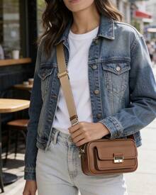 女士斜挎/单肩包，配有可调节肩带 - 棕色 - 查看 5