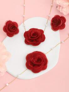 4pcs/Set Fashionable & Elegant Fabric Red Rose Earrings, Bracelet, Necklace Jewelry Set, Suitable For Banquet, Wedding, Valentine's Day And Other Occasions - Red - View 4