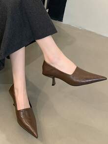 Women's Pointed Toe Elegant Low Heel Slip-On Shoes, Versatile Comfortable Solid Color Commuter Shoes For Office,Kitten Heels - Brown - View 6