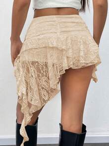 Women Summer Lace Mini Skirt With Shorts- Low Rise Y2K Pleated Ruffle Fairy Skirt Chic Layered Asymmetrical Half Slip Skirts For Sports, Party, Vacation, Valentine's Day Outfit - 米色 - 查看 4