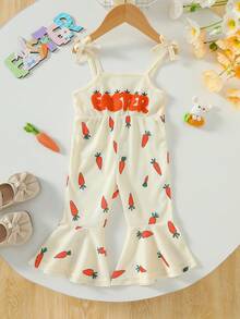 1件女婴复活节休闲可爱杏色针织吊带方领刺绣胡萝卜印花连体衣，配喇叭裤，夏季 - 杏色 - 查看 1
