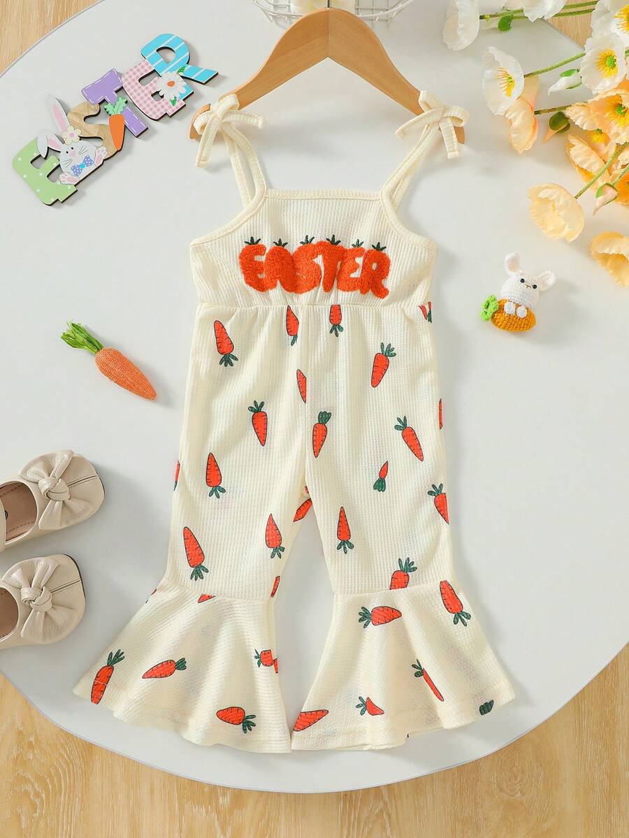 1件女婴复活节休闲可爱杏色针织吊带方领刺绣胡萝卜印花连体衣，配喇叭裤，夏季 - 杏色 - 查看 1