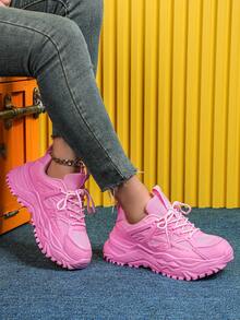 Elegant And Fashionable Women's Thick-Soled Sneakers, Solid Pink Color, Low-Top Lace-Up, No Prints, Suitable For All Seasons, Versatile And Stylish, Ideal For Daily Wear, Commuting, Travel And Vacation. Minimalist Unisex Shoes, Perfect As A New Year Gift. - Pink - View 3