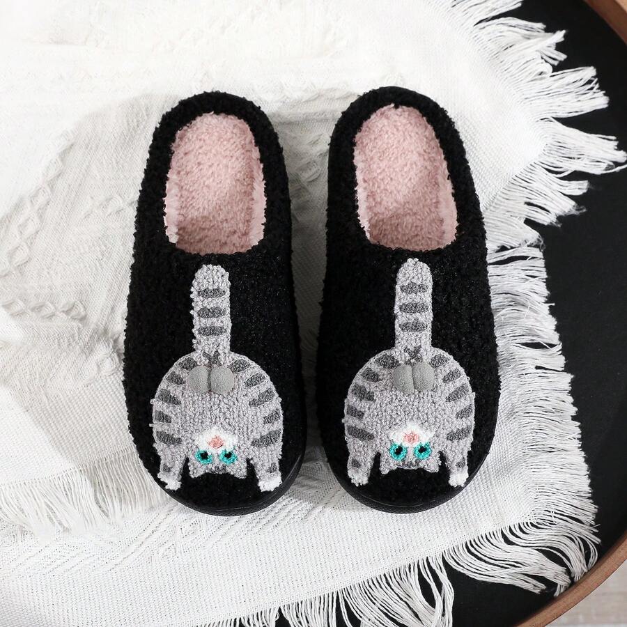 1双可爱动物宠物猫毛绒拖鞋，创意3D灰色猫咪图案刺绣保暖舒适加厚针织家居拖鞋，男女皆宜，宠物主人最佳礼物，鞋子，春夏精选，伴娘礼物，房间，卧室装饰，海滩，旅行，男士，女士，度假，妇女节，旅行必备，婚礼回礼，Y2K，卧室，汽车配件，厨房装饰，可爱小物，母亲节礼物，卧室装饰，花园，厨房装饰，夏季，海滩，旅行必备，房间装饰，软萌，毕业季 - 黑色 - 查看 1