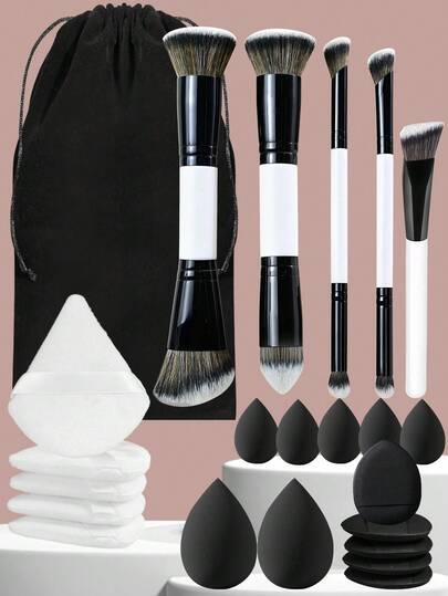 Juego de herramientas de maquillaje YZIMENG de 23/14/10/6 piezas, 5 pinceles de maquillaje de doble extremo, 17 esponjas de maquillaje de diferentes formas, con bolsa organizadora de maquillaje, cerdas suaves para contornear, resaltar, aplicación rápida de maquillaje, portátil, maquillaje elegante Y2K para fiestas, viajes a la playa, campamentos, escuela, festivales, juego de regalo de maquillaje, Ramadán, Día de la Madre y regalo para la novia
