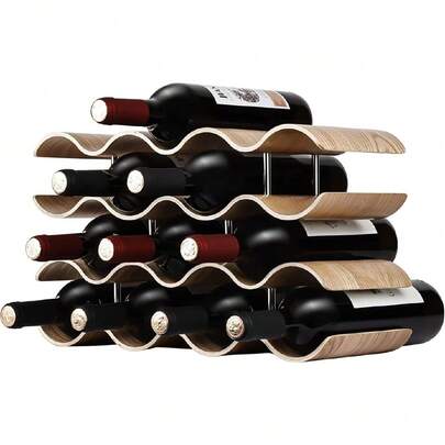 Countertop Wine Rack - 14 Bottle Standing Wine Bottle Holder Stand - 4 Tier Wooden Wine Storage Rack - Wavy Wine Organizer For Cabinet Pantry Home Kitchen Bar,39691333