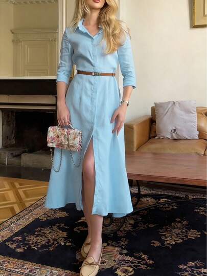 Women's Elegant Shirt Collar Long Sleeve Dress, Suitable For Everyday Wear In Autumn/Winter, Halloween, Festival Spring