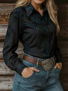 女士复古波西米亚风印花长袖衬衫，休闲时尚波西米亚风优雅春夏女士衬衫，黑色休闲女装 - 黑色 - 查看 4
