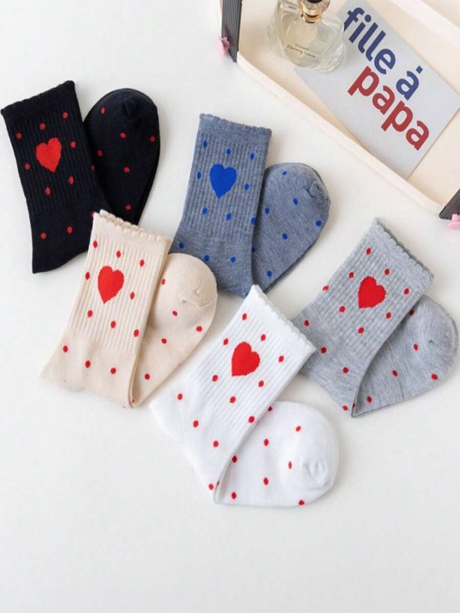 5 pares de calcetines de media pantorrilla con diseños de corazones y lunares, cómodos y transpirables para uso diario en pareja - Multicolor - Ver 1