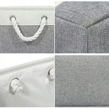 3 Sizes Available, 1 Foldable Desktop Storage Basket, Large Capacity With Handle, Can Be Used For Storing Toys, Linen Material, Also Can Be Used For Storing Dirty Clothes. - White and Gray - View 2