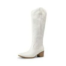 Womens Cowboy Boots Western Comfortable Chunky Heel Square Toe Fashionable Vintage Embroidered Cowgirl Knee High Boots - trắng - Xem 10