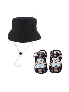 2Pcs Baby With Tether Windproof Bucket Hat & Silicone Anti-Slip Socks Set - 0-12 Months Unisex Windproof Sun Protection Black Pink Blue - Multicolor - View 19