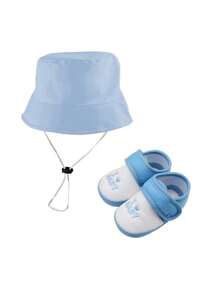 2Pcs Baby With Tether Windproof Bucket Hat & Silicone Anti-Slip Socks Set - 0-12 Months Unisex Windproof Sun Protection Black Pink Blue - Multicolor - View 20