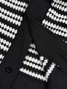 WAIT HIM Áo thun nam tay ngắn dệt kim kẻ sọc, cài một hàng khuy, kiểu dáng thường ngày, thích hợp đi làm. - Đen và trắng - Xem 8