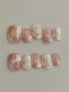 10pcs Handmade Press-On Nails, Short Oval Shape, Pink Tone, Gentle & Sweet Style, Pink-White Ombre, Hand-Painted Golden Heart Line, Crystal Cat Eye Transparent Cute Nail Tips, Suitable For Women & Girls, For Spring, Summer, Autumn, Winter, Parties And Daily Wear Handmade Press On Nails - Pink - View 1