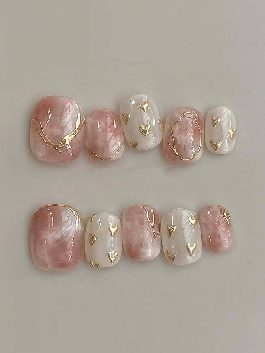 10pcs Handmade Press-On Nails, Short Oval Shape, Pink Tone, Gentle & Sweet Style, Pink-White Ombre, Hand-Painted Golden Heart Line, Crystal Cat Eye Transparent Cute Nail Tips, Suitable For Women & Girls, For Spring, Summer, Autumn, Winter, Parties And Daily Wear Handmade Press On Nails - Pink - View 1