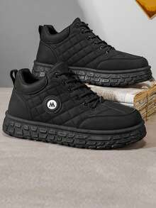 2026 New Men's Quilted Pattern Thick Sole Anti-Slip Wear-Resistant Warm Casual High-Top Shoes - Black - View 4