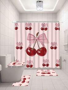 1/4pcs Pink Bow & Cherry Pattern Bathroom Curtain Set, Modern Style Home Decor Printed, Washable, Fashionable Theme, Suitable For All Seasons, Easy Installation - Includes 12 Hooks For Bathroom, Guest Room, Bedroom, Living Room - Multicolor - View 20