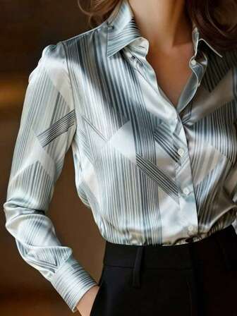 JOVI SHEEN Elegant Special Edition Damskjorta med geometriskt tryck, långärmad - Klassisk krage, Medelstretch, Maskintvättbar, Lämplig för kontor och formella tillfällen, Elegant vardagskläder, Slät tyg