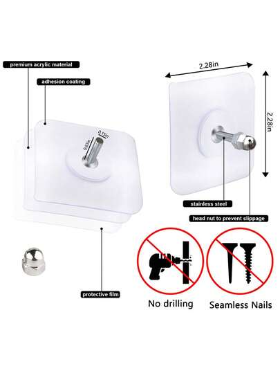 10片装强力粘性螺丝贴纸，自粘螺丝，隐形墙钉，免钉悬挂式置物架，吊坠，无框免钉贴纸，适用于相框、钟表等，免钉设计，厨房墙钩，免钻孔安装，实用挂钩和浴室置物架悬挂套装