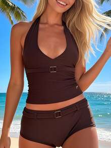 Women's Summer Tankini Swimsuit With Shorts Fashionable Solid Color Halter Tops With Boyshorts 2Pcs Bathing Suit - Cà phê nâu - Xem 5