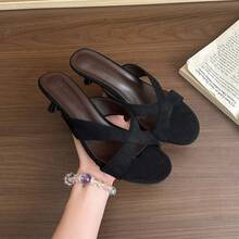 女士方头法式高跟凉鞋，时尚露趾交叉细跟拖鞋，适合春夏穿着 - 黑色 - 查看 1