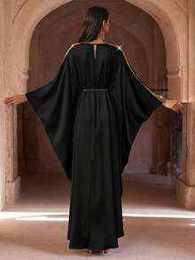 Luxury Pink Embellished Long Sleeve Kaftan Robe, Elegant Middle Eastern Style, Arabic Women's Abaya Robe, Modest And Graceful - Black - View 2