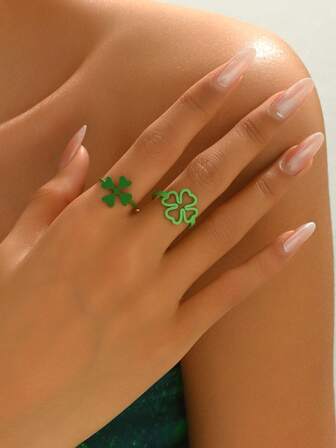 2pcs/Set Adjustable Four-Leaf Clover Rings, Minimalist St. Patrick's Day Party Rings