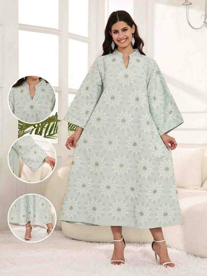 2026新款优雅花卉刺绣阿巴雅长袍，斋月传统阿拉伯女装，宽松立领宽袖