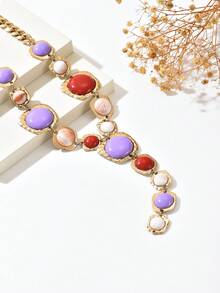 1 chiếc vòng cổ dài kiểu dáng cổ điển phóng đại, đính đá giả hình chữ Y, tua rua, trang sức bản to, mặt dây chuyền hình học sang trọng kiểu Pháp thời Baroque, phù hợp cho phụ nữ đeo hàng ngày, dự tiệc, sự kiện (màu sắc và vị trí đá ngẫu nhiên) - màu đỏ tím - Xem 3