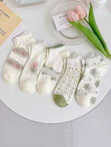 5双装女士春夏水晶拼接花卉图案时尚透气短袜