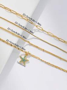 4pcs/Set Women Anklet Set, Bohemian Summer Beach Vacation Stacking Style, Copper Inlaid Blue Zirconia Starfish, Golden Plated Round Bead Chain, Paperclip Chain, Flat Piece Chain, Multi-Layer Anklet Set, Ocean Series Anklet Accessories, Gift - Yellow Gold - View 7