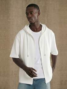 男士休闲连帽短袖T恤，针织连帽衫，夏季 - 白色 - 查看 3