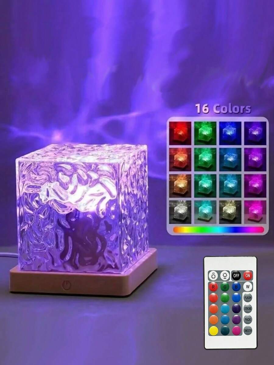 1个16色动态水波投影灯,带遥控器,卧室床头灯,16色旋转星空投影夜灯,RGB台灯,适用于婴儿房、家居装饰、游戏室、学生礼物、情人节礼物 - 彩色 - 查看 1