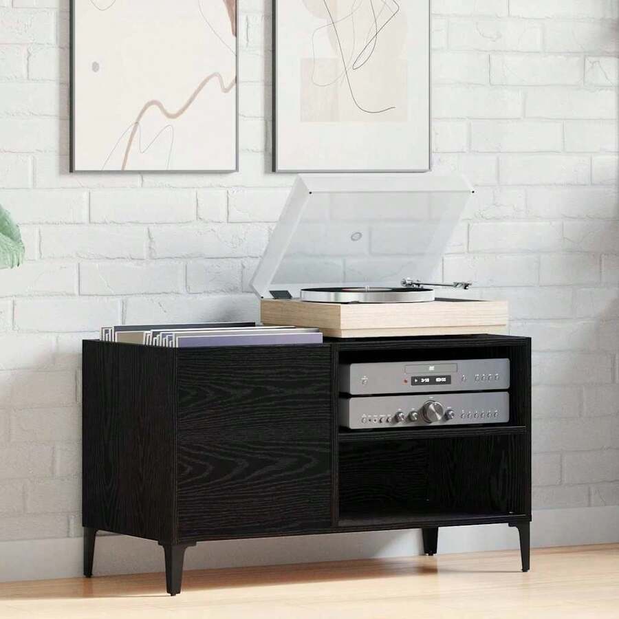 vidaXL Meuble à vinyles Chêne noir 84,5 x 38 x 48 cm Bois d'ingénierie - Noir - Voir 1