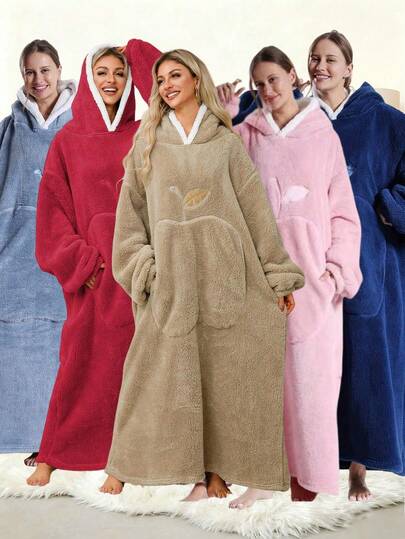 Tjock fleecefilt med huva för vuxna - Tjock för höst/vinter, med stora fickor, lös och bekväm, varm för vintern, varm flanelldesign, oumbärligt varmt plagg för höst/vinter, varm heminredning, mjuk känsla