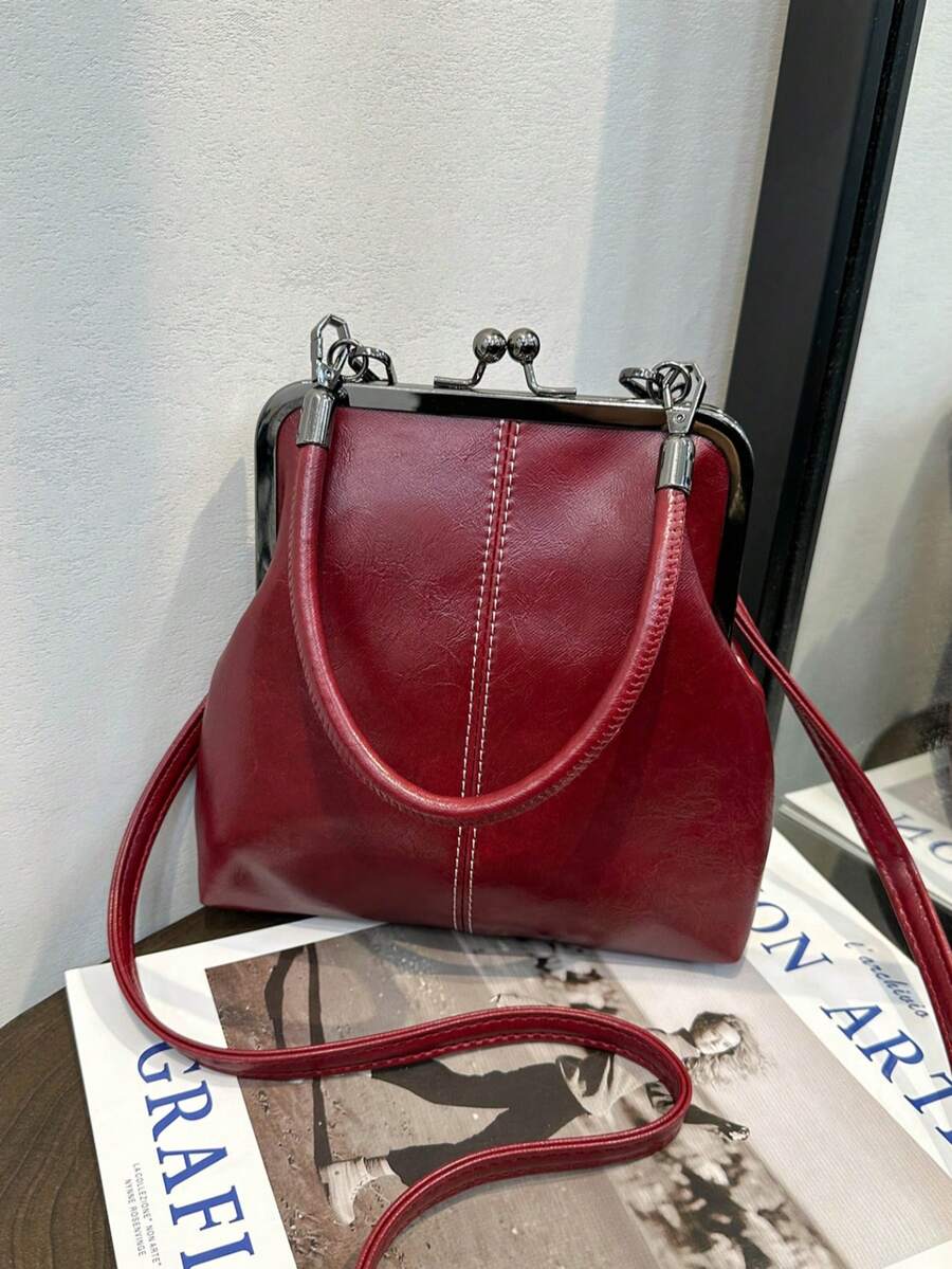 复古仿皮斜挎包，女士复古风吻锁迷你手提包，配有可调节肩带，纯色轻便都市手提包，涤纶内衬，情侣礼物，新年礼物 - 酒紅色 - 查看 1