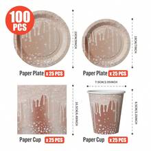 1 Set Brown Diamond Teardrop Disposable Plates, Napkins, Cups, Suitable For 25 Guests, Disposable Paper Plates Party Supplies For Birthday, Wedding, Theme Party, Family Picnic - Multicolor - View 10