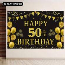 1 tấm, phông nền phẳng 2D, màu đen vàng, chúc mừng sinh nhật lần thứ 50, làm bằng vải polyester, có hình bóng bay, biểu ngữ và pháo hoa, dùng để trang trí tiệc sinh nhật lần thứ 50, tiệc nghỉ hưu, kỷ niệm, các dịp lễ trọng đại, phông nền sinh nhật, lễ kỷ niệm sinh nhật, tiệc lễ hội, trang trí bàn bánh, trang trí tường, trang trí nhà/vườn/trong nhà/ngoài trời, đạo cụ phông nền chụp ảnh, đồ dùng/quà tặng trang trí tiệc. - Nhiều màu - Xem 8