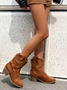 New Women Western Cowgirl Boots, Pointed Toe Embroidered Thick Heel Mid-Calf Fashion Boots - 摩卡棕 - 查看 3